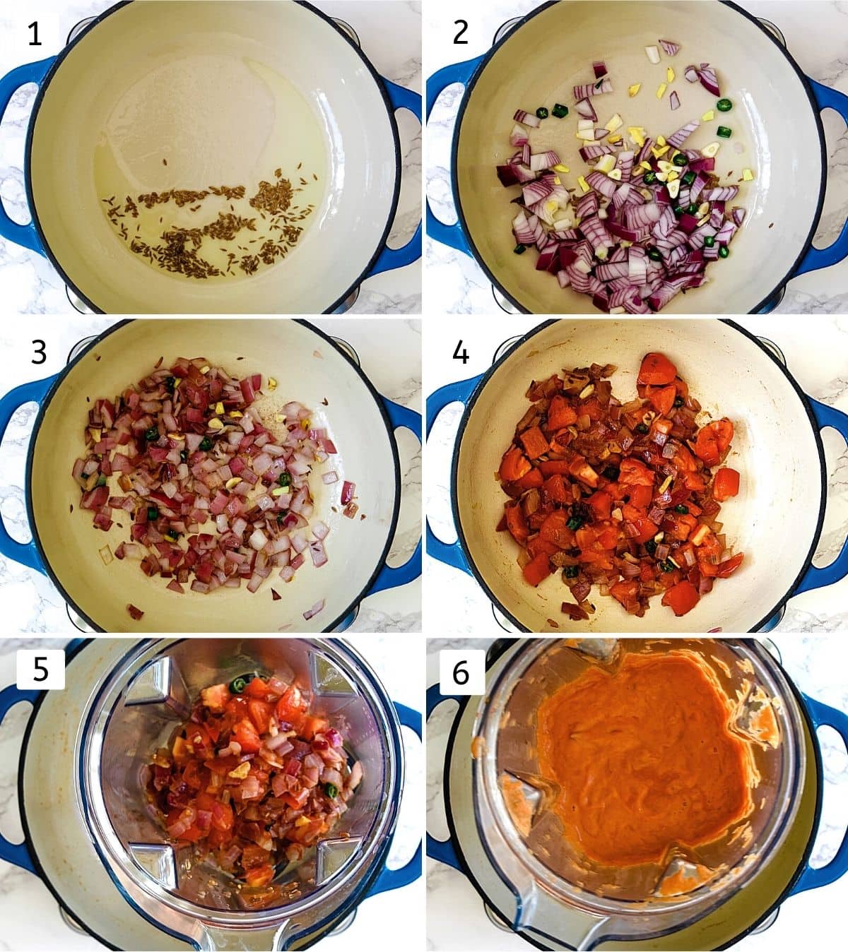 Collage of 6 steps showing cooking onion, tomato, ginger, garlic, chili and ground into paste.