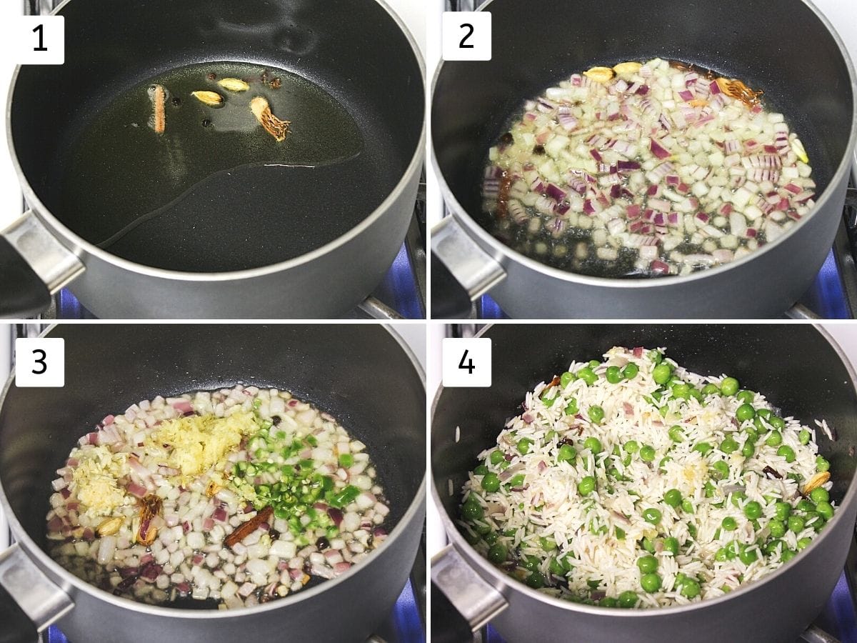 Collage of 4 steps showing tempering spices, cooking onion, ginger, garlic, chili, adding rice, peas.