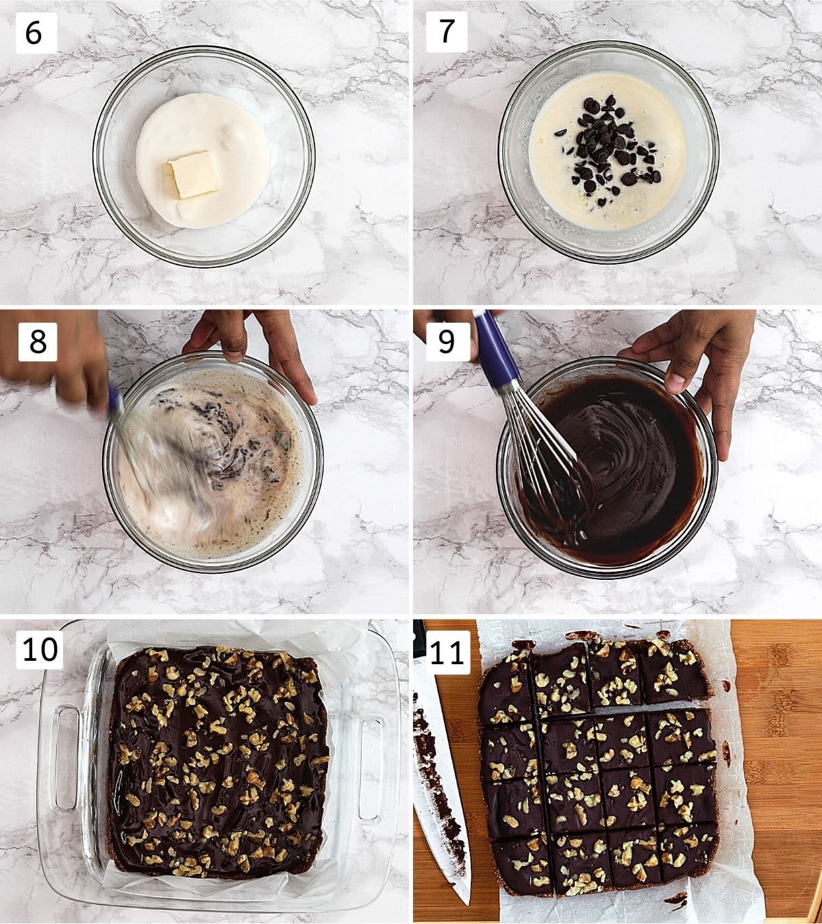 Collage of 6 steps showing making ganache, spreading over brownies, garnished with walnuts and cutting into pieces.