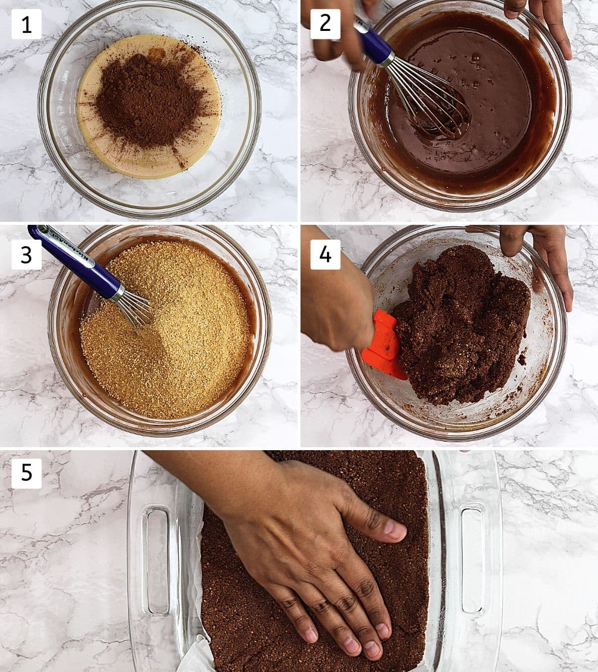 Collage of 5 steps showing mixing ingredients of no bake brownies and spreading the mixture into square pan.
