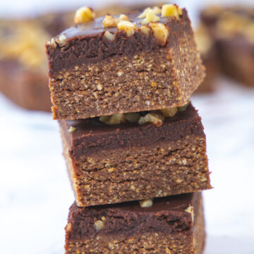 3 no bake brownies stacked on each other.