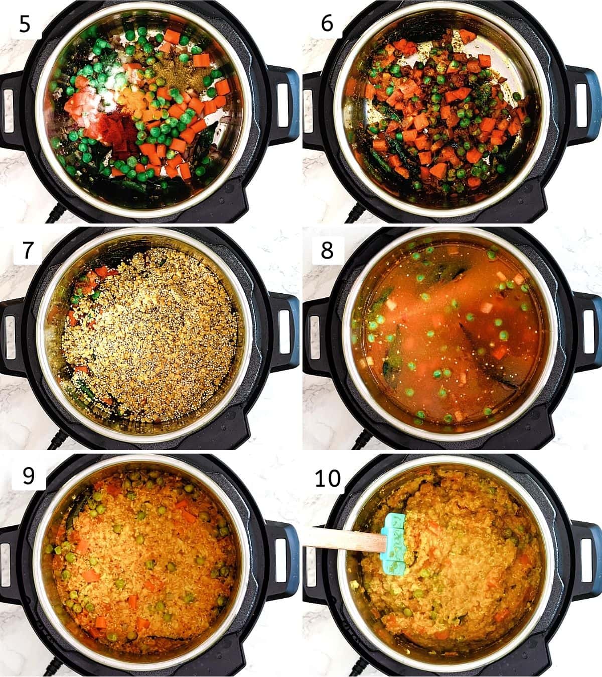 Collage of 6 steps showing adding veggies, spices, mixing, adding quinoa, lentils, water and cooked khichdi.