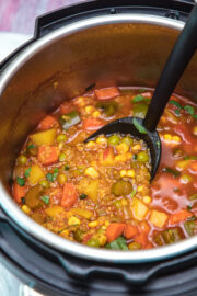 quinoa vegetable soup in instant pot ready to take a ladleful for serving.