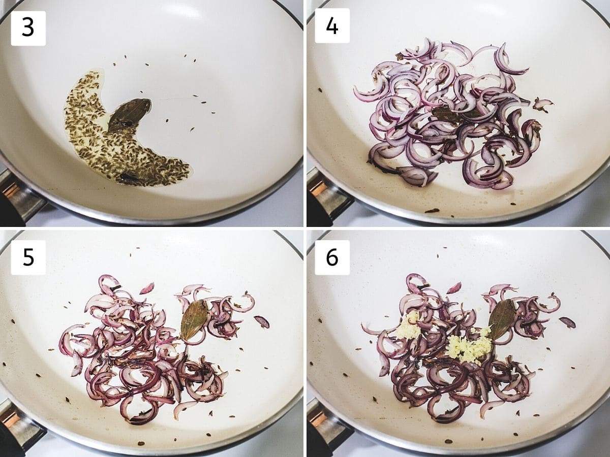 Collage of 4 steps showing tempering spices, cooking onions and ginger garlic.