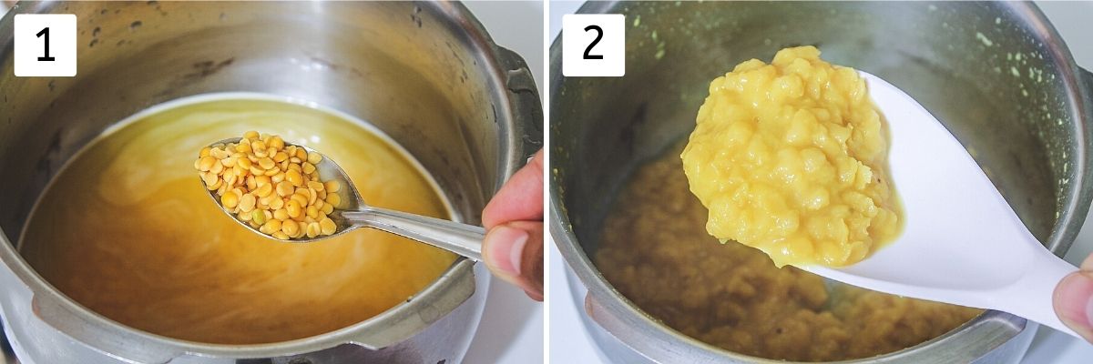 Collage of 2 steps showing toor dal with water and boiled dal.
