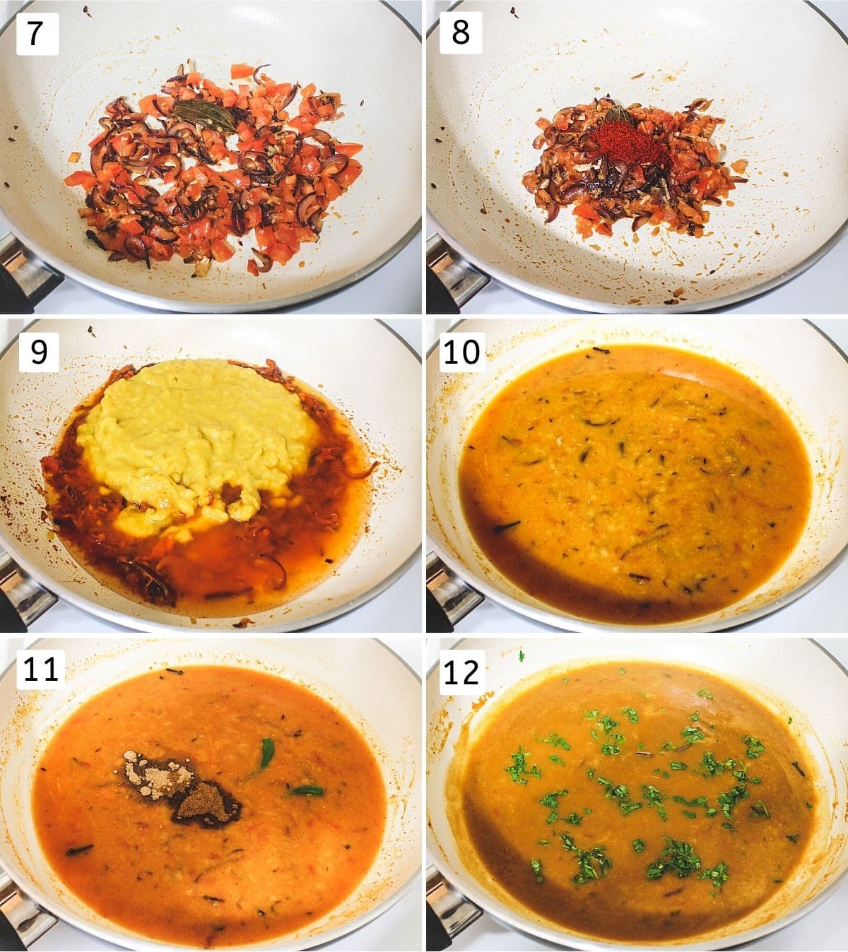 collage of 6 steps showing cooking tomato, adding spices, boiled dal, simmering and adding cilantro.