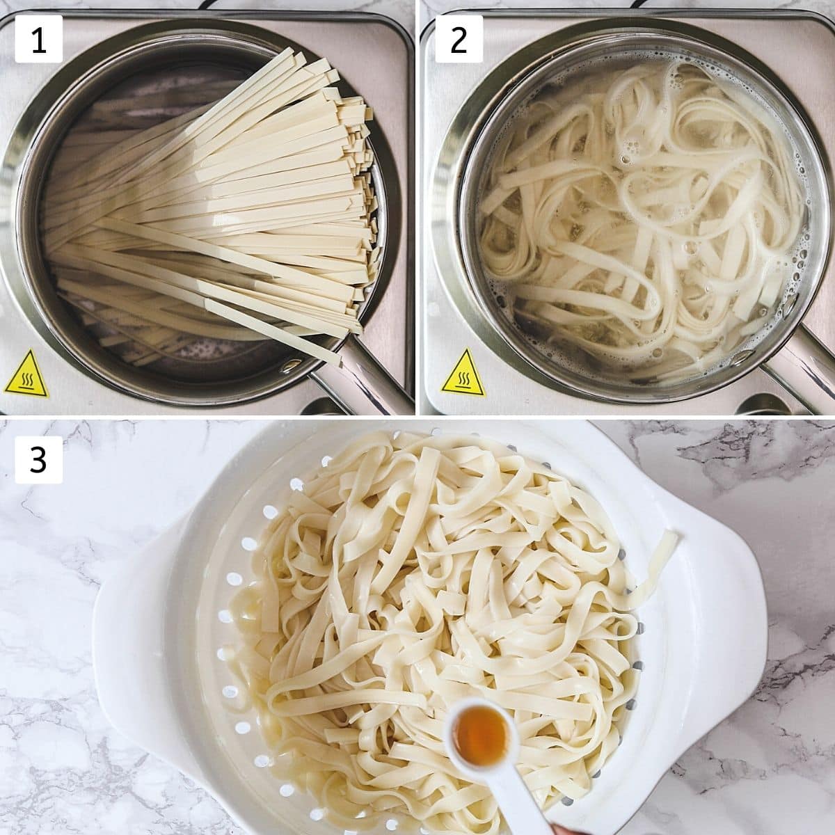 Collage of 3 steps showing adding noodles to boiling water, cooking noodles, adding oil to cooked noodles.