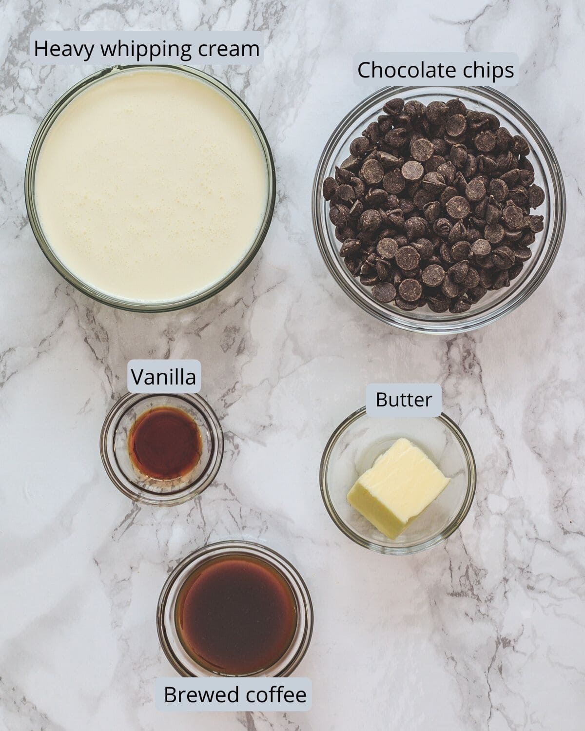 Ingredients used to make chocolate mousse includes heavy cream, chocolate chips, vanilla, brewed coffee, unsalted butter.