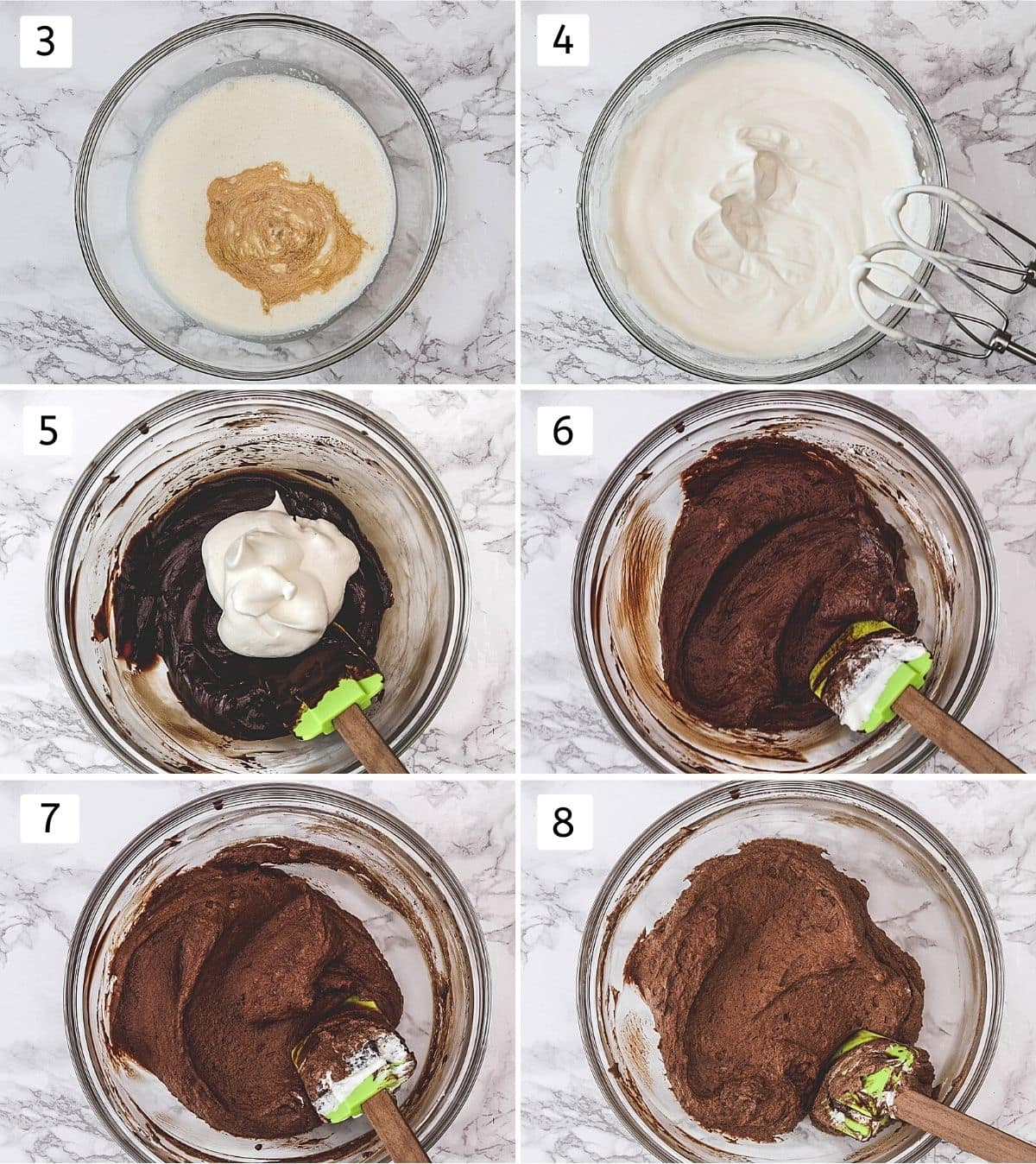 Collage of 6 steps showing cream, vanilla in a bowl, whipped cream, adding to the chocolate mixture and folding in.