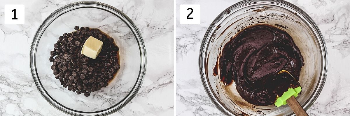 Collage of 2 steps showing chocolate chips, butter, coffee in a bowl and melted chocolate mixture.