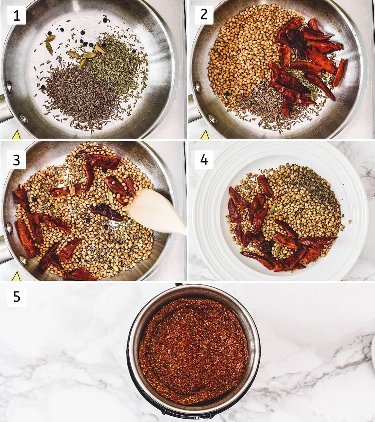 Collage of 5 steps showing dry roasting spices, cooling in a plate and grinding.