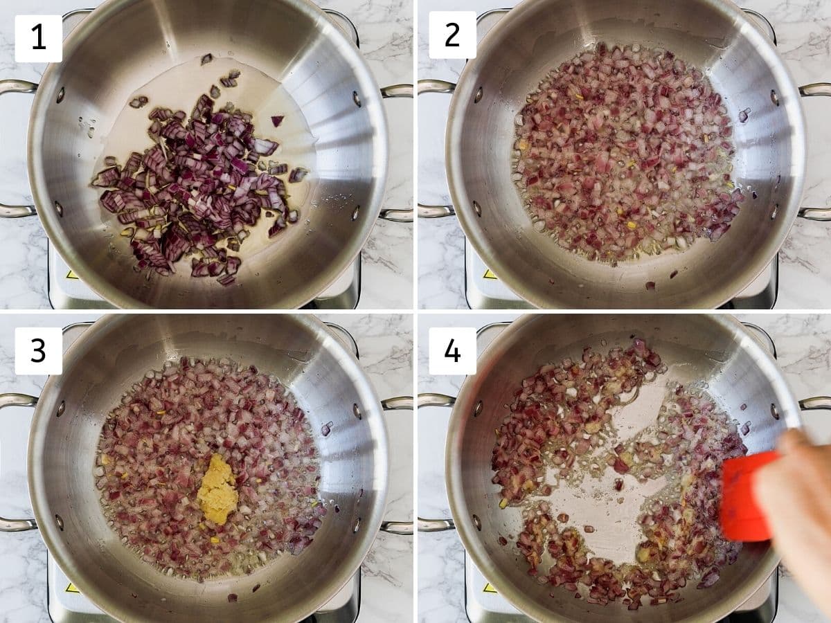 Collage of 4 steps showing adding onion to oil, cooking, adding garlic paste and sautéing.