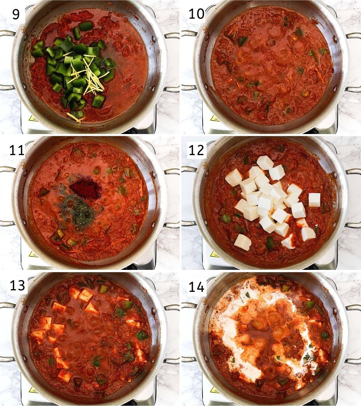 Collage of 6 steps showing adding peppers, ginger, simmering, adding spices, adding paneer, mixed, adding cream.