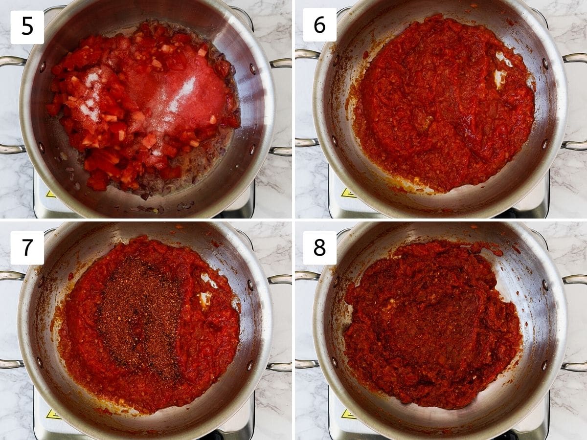 Collage of 4 steps showing adding tomatoes, cooked, adding masala, mixed.