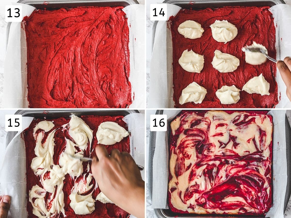 Collage of 4 steps showing brownie batter in a pan, dollops of cheesecake mixture, making swirls and baked.