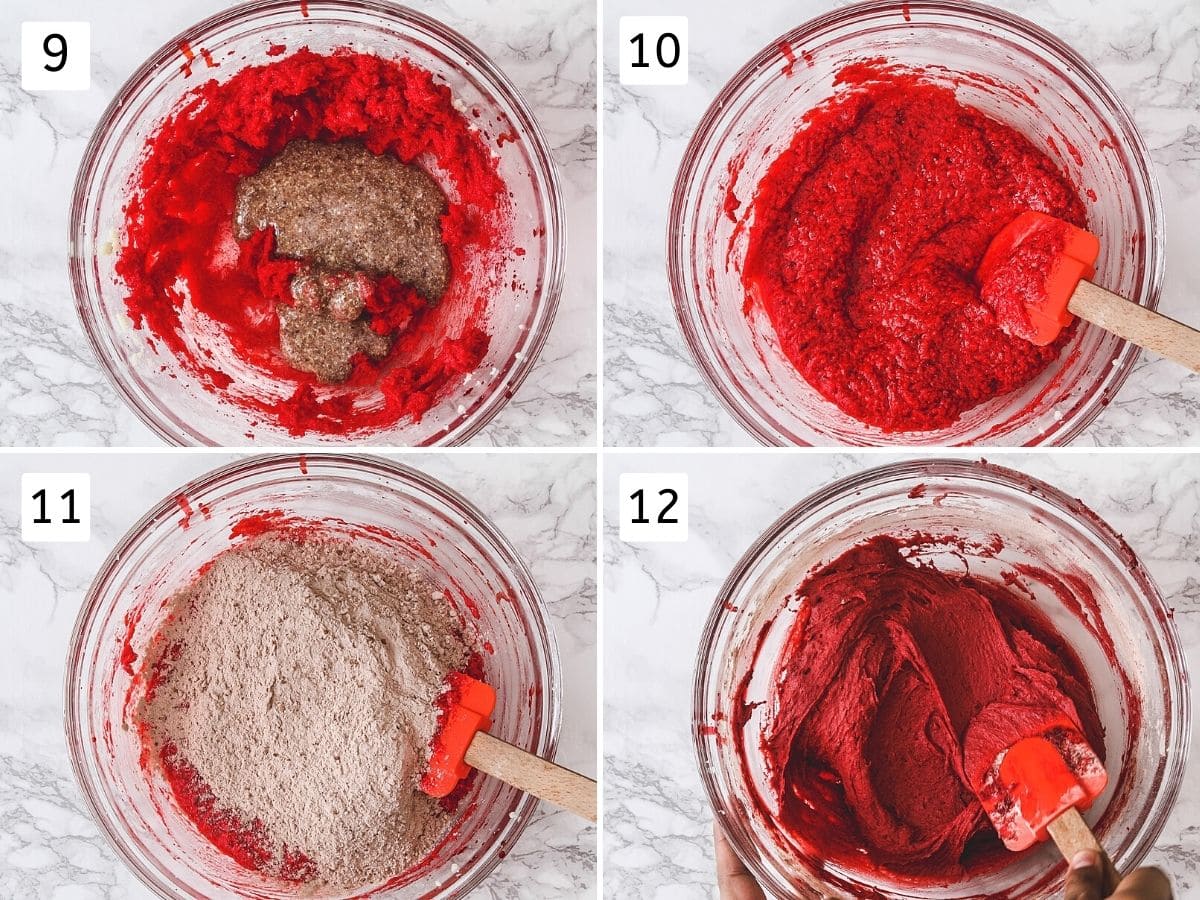 Collage of 4 steps showing adding flax eggs, mixed, adding flour mixture, mixed with a spatula.