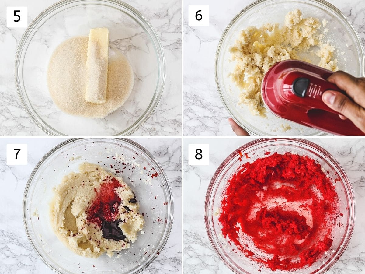 Collage of 4 steps showing butter, sugar in a bowl, beating, adding food color and mixed.