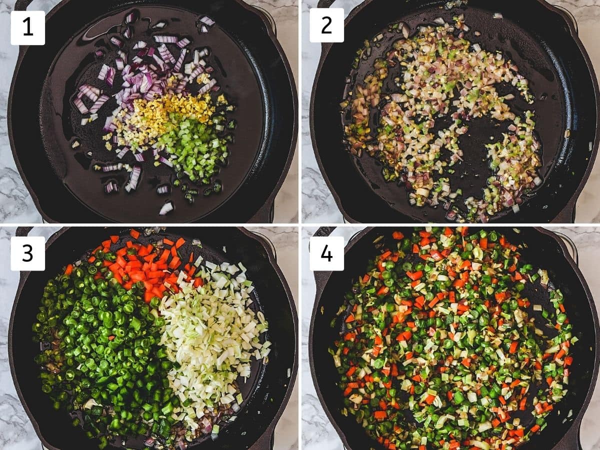 collage of 4 steps showing onion, ginger, garlic in the oil, cooked, added veggies and stir fried.