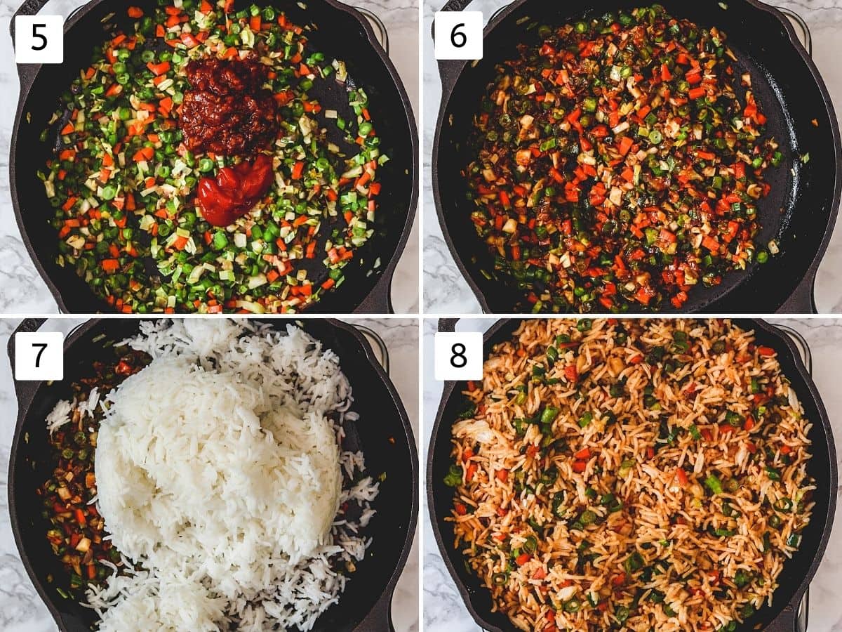 Collage of 4 steps showing adding sauces, mixed, adding rice, mixed.