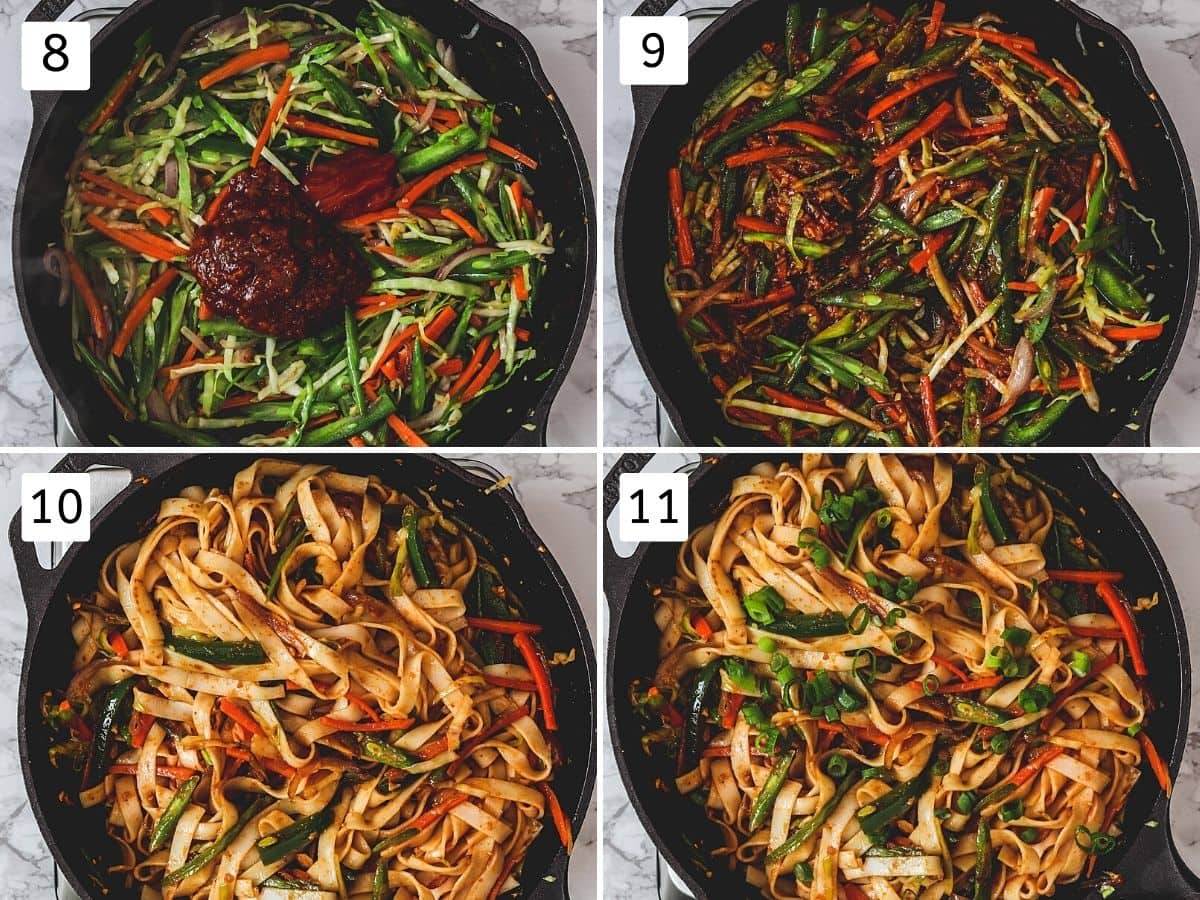 Collage of 4 steps showing adding sauces, mixed, noodles tossed, garnished with green onion.