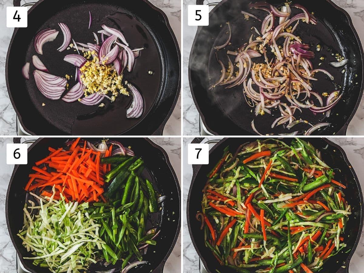 Collage of 4 steps showing adding onion, ginger, garlic, sautéing, adding veggies and cooking.