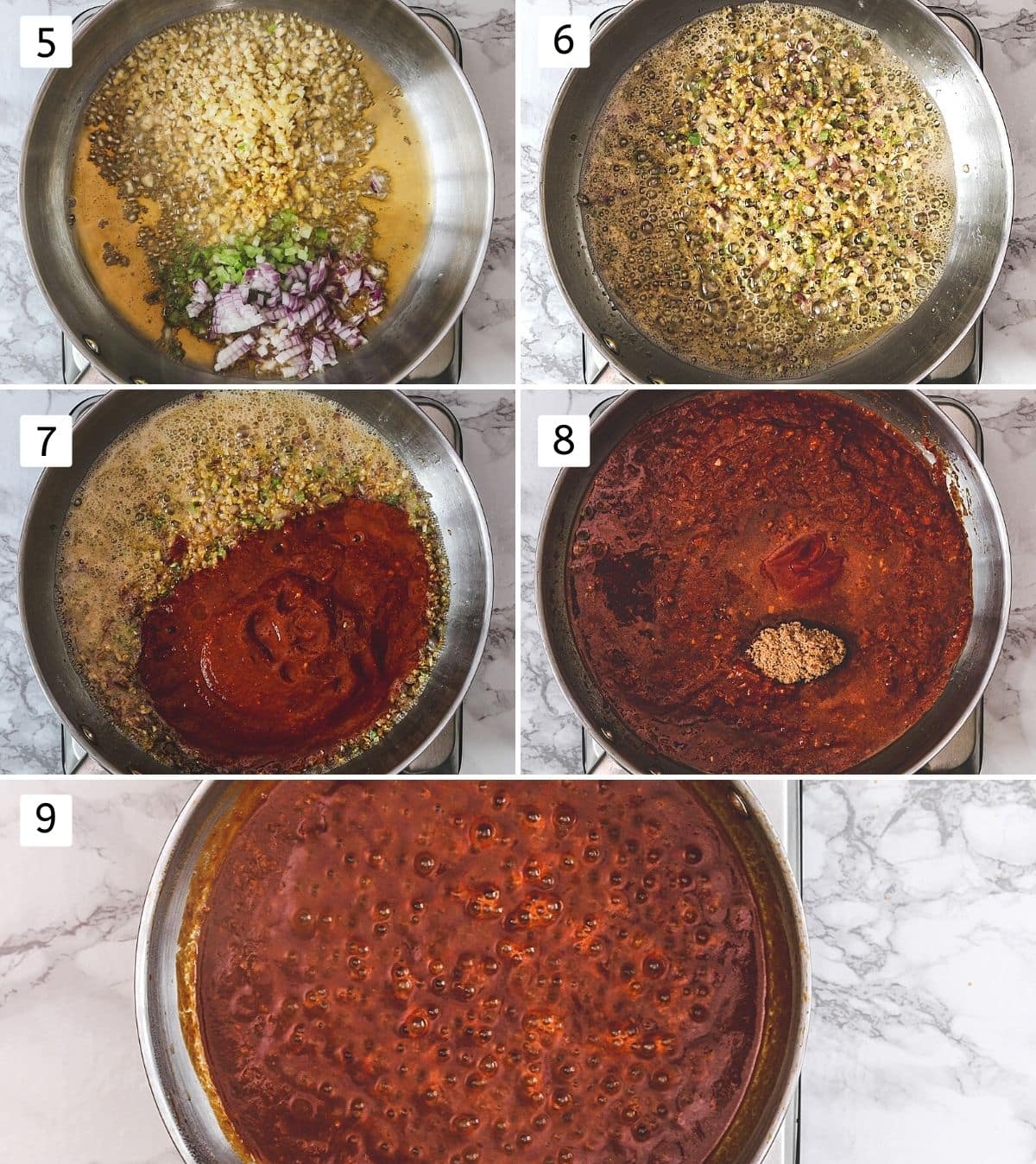 Collage of 5 steps showing adding ginger, garlic, onion, celery, sautéing, adding rest of the ingredients, mixed and simmering.