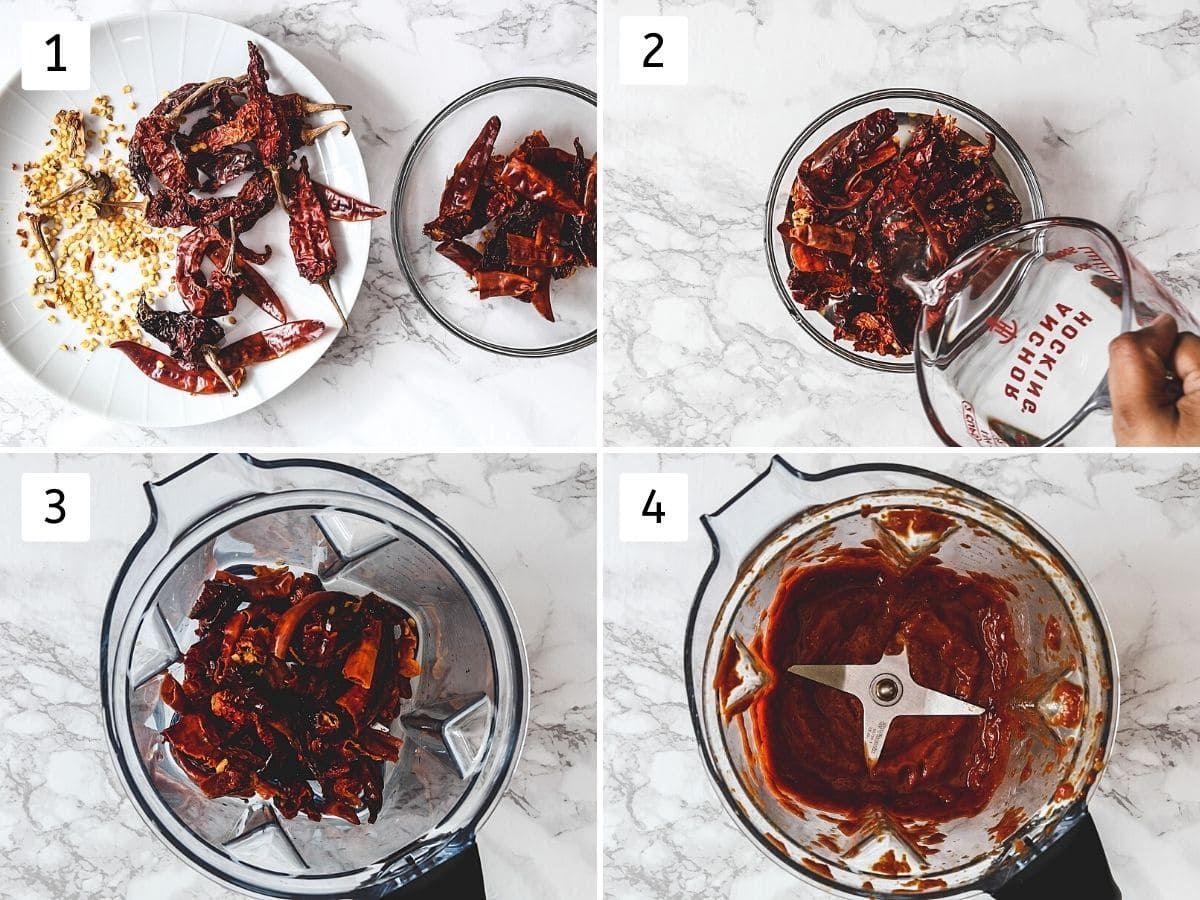 Collage of 4 steps showing removing seeds from chilies, adding boiling water, in the blender and smooth paste.