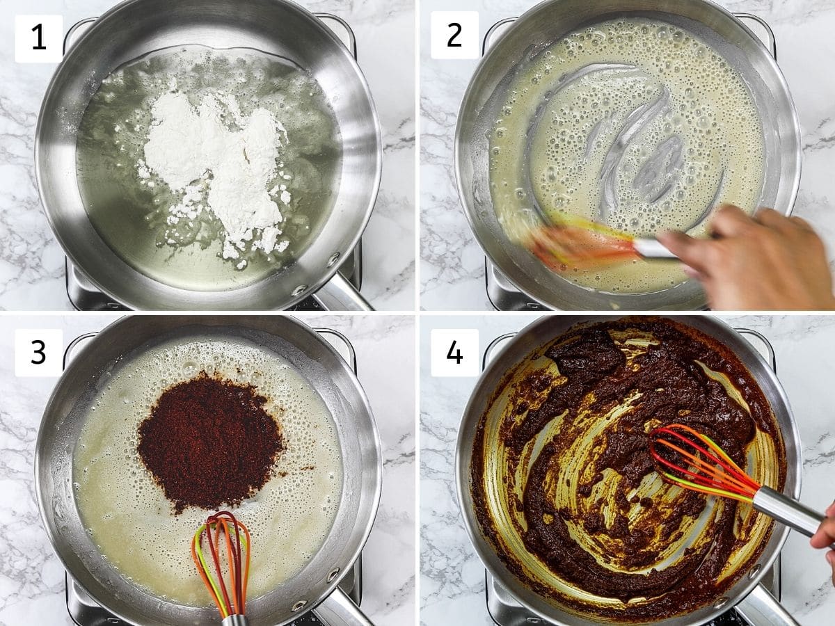 Collage of 4 steps showing cooking flour in oil and adding, cooking chili powder.