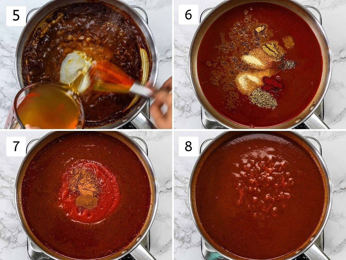 Collage of 4 steps showing adding veggie stock, spices, tomato sauce and simmering.