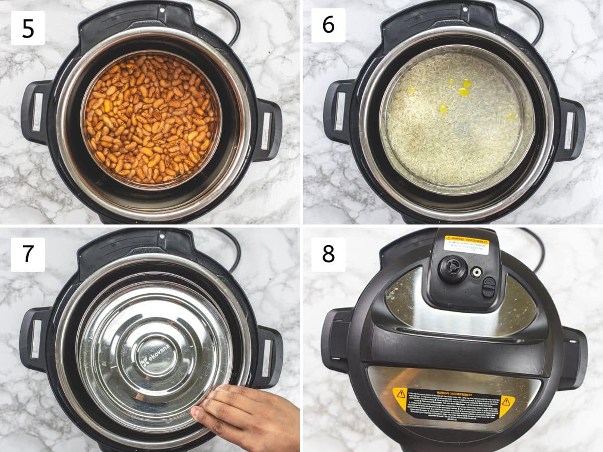 Collage of 4 images showing placing inserts in instant pot and covering with a lid.