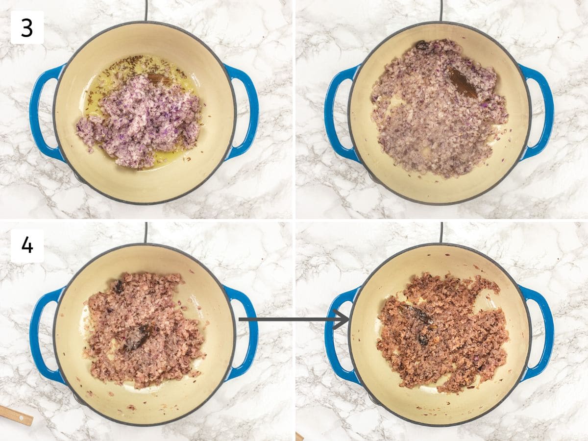 Collage of 4 images showing sauteeing onion until brown in color.