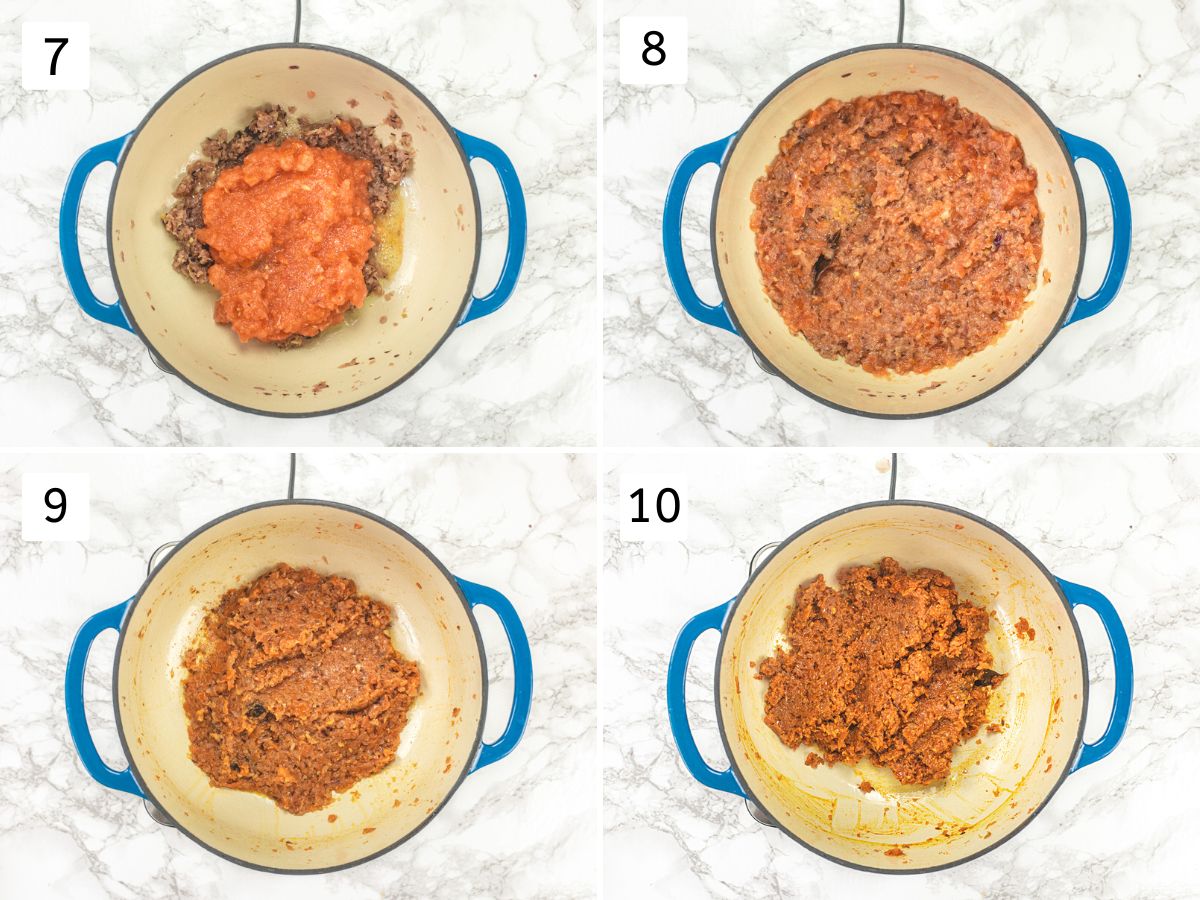 Collage of 4 images showing cooking tomato until thick and mixing spice powders.
