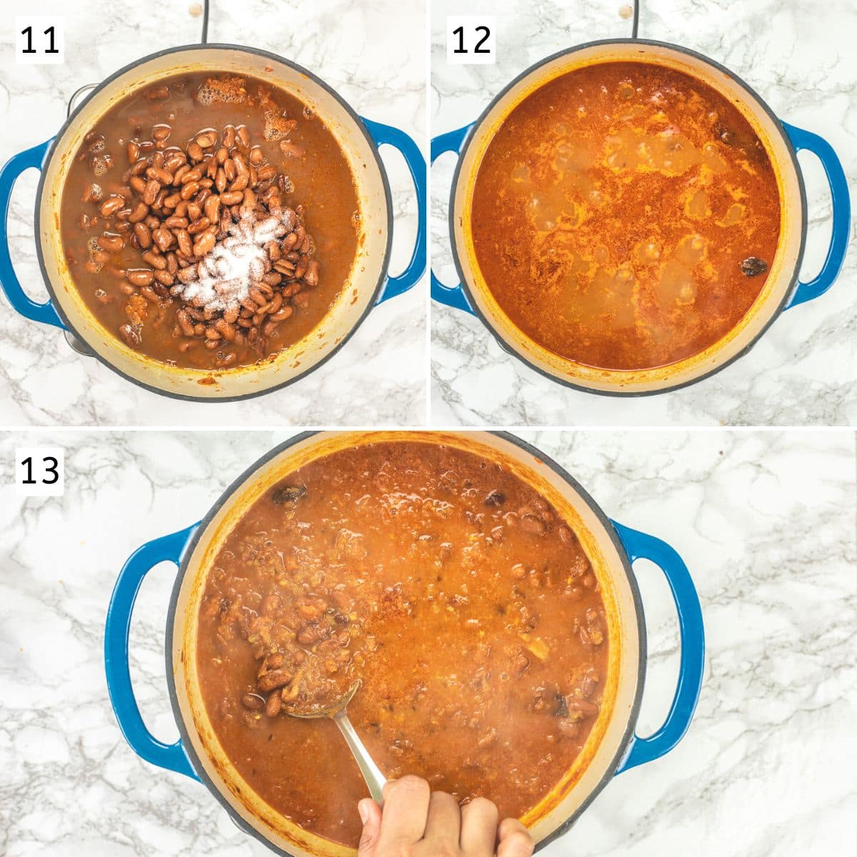 Collage of 3 images showing adding boiled rajma, salt, simmering gravy and showing textute with spoon.