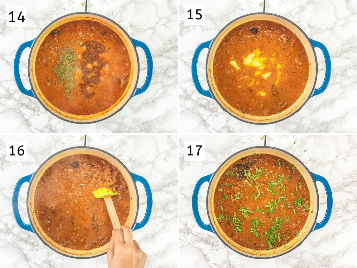 Collage of 4 images showing adding spices, ghee, mixing and garnishing with cilantro.