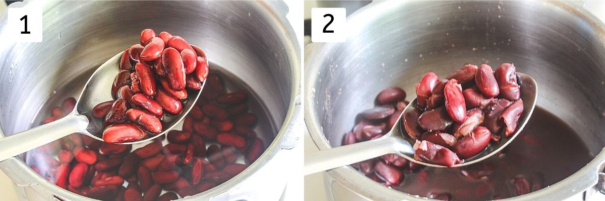 Collage of 2 images showing soaked kidney beans and boiled beans.