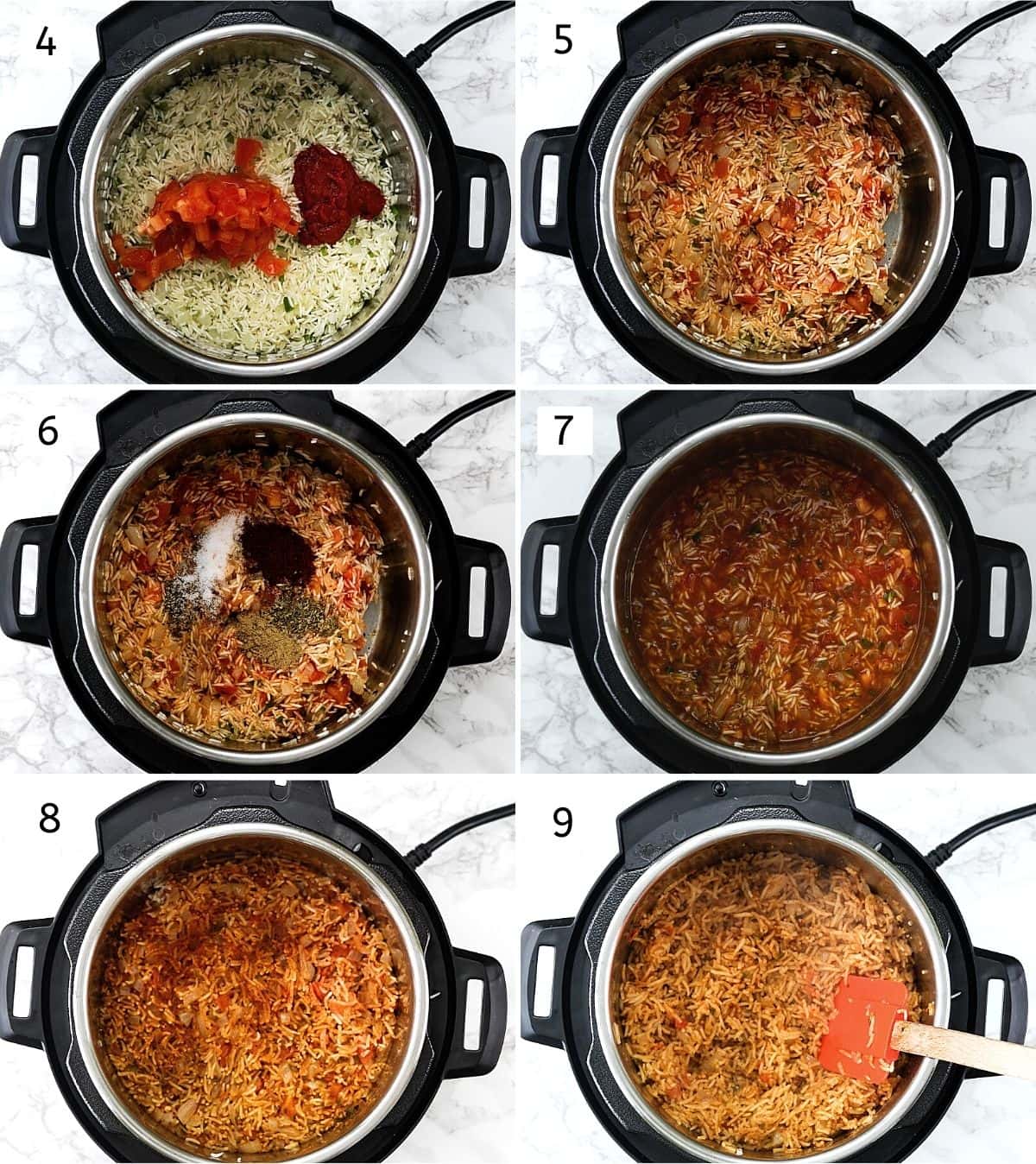 Collage of 6 steps showing adding ingredients into the instant pot and cooked rice.