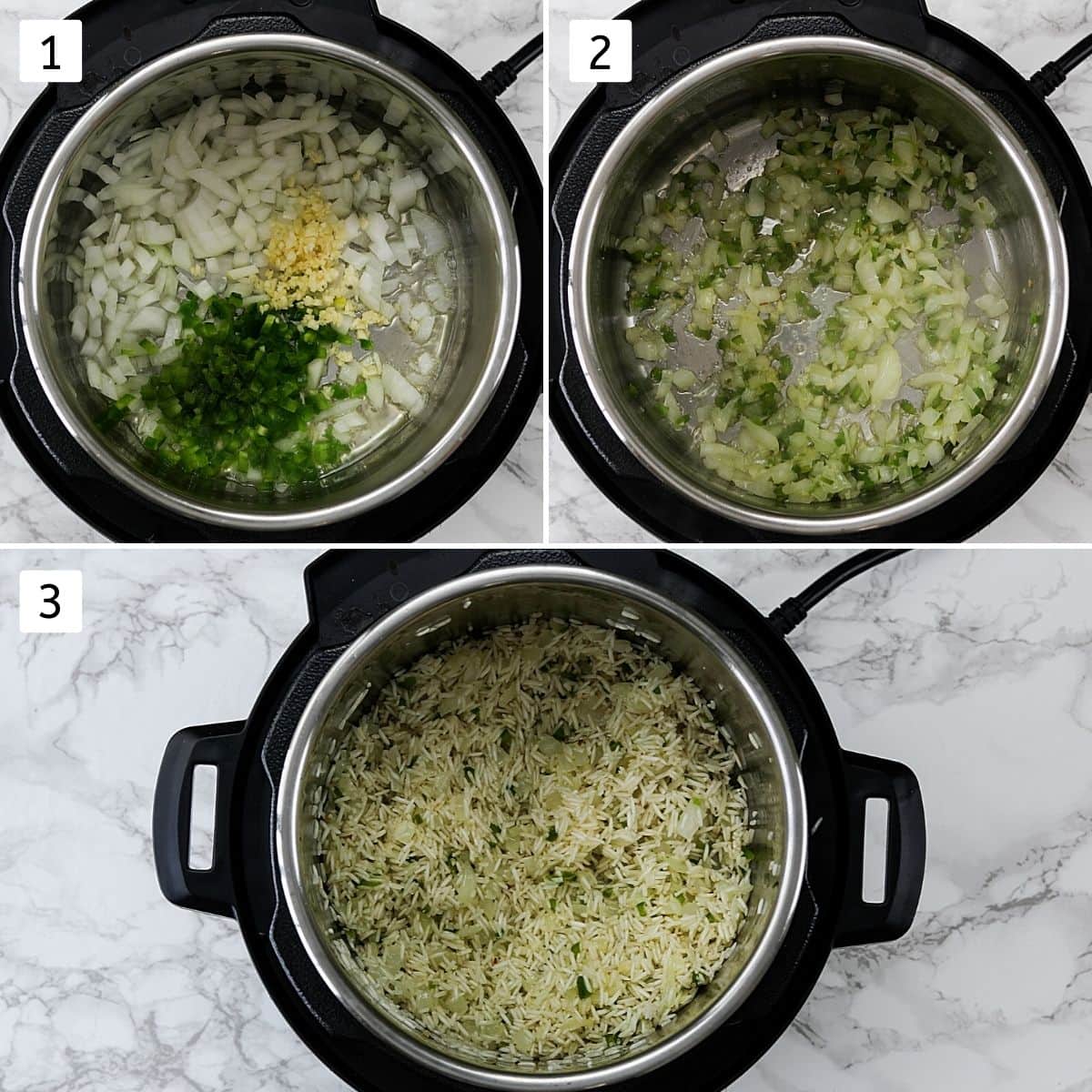 Collage of 3 steps showing sautéing onion, garlic and rice to make mexican rice.