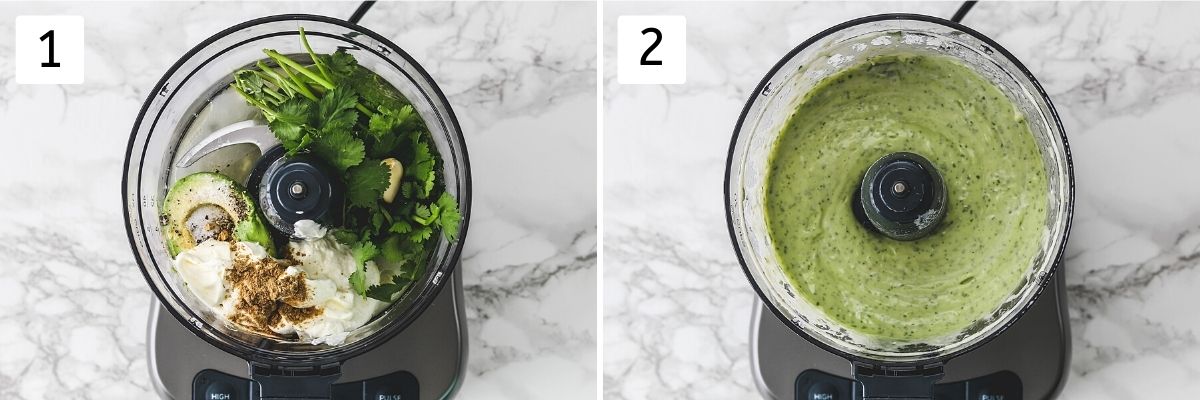 Collage of 2 steps showing dressing ingredients in food processor and blended.