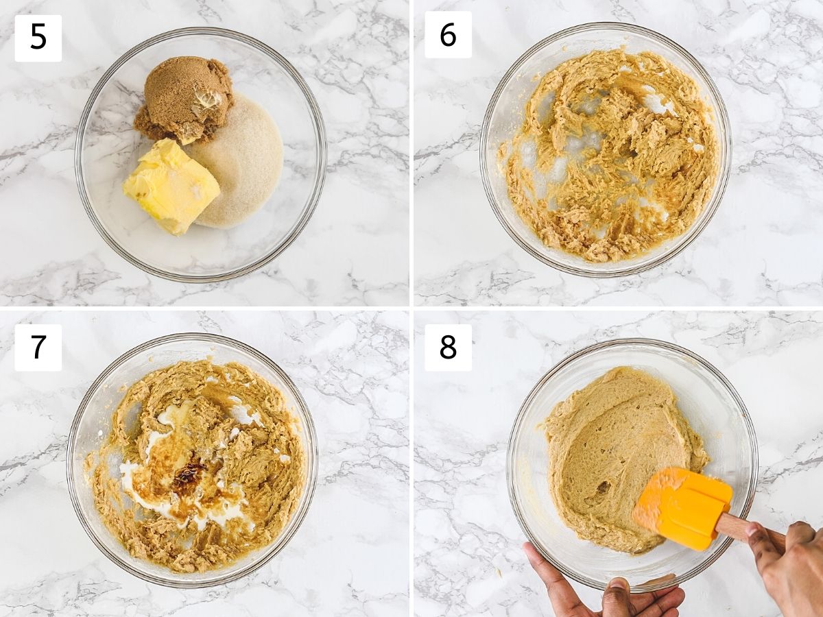 Collage of 4 steps showing creaming butter and sugar, adding and beating rest of the ingredients.