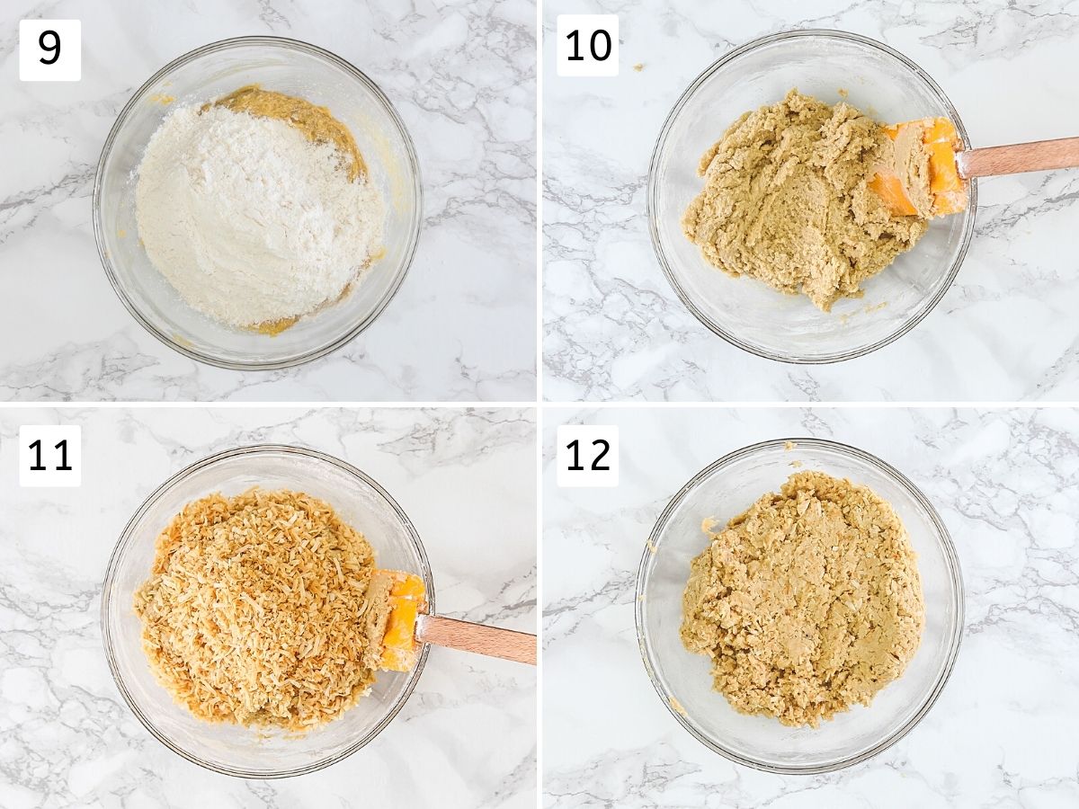 Collage of 4 steps showing adding and folding dry flour mixture and toasted coconut.