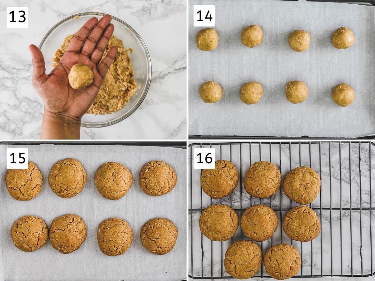 Collage of 4 steps showing rolling cookies, arranged on tray, baked cookies and cooling on the rack.