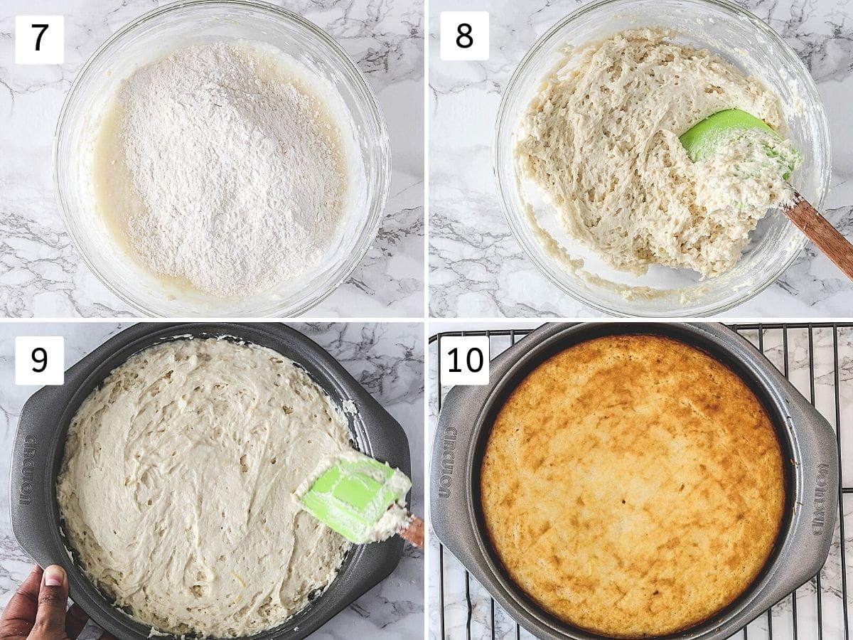 Collage of 4 steps showing making the batter, spread in the cake pan and baked cake.