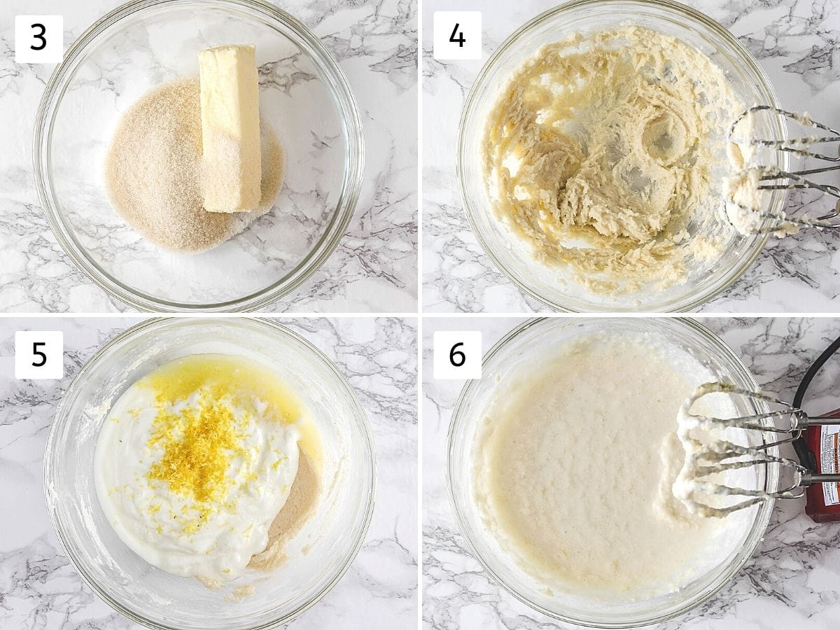 Collage of 4 steps showing creaming butter and sugar, adding and beating rest of the ingredients.