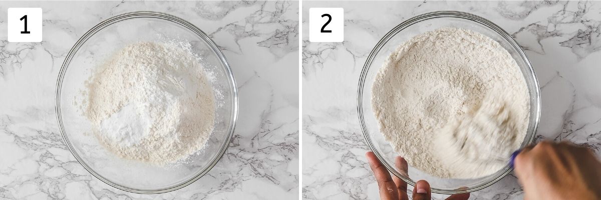 Collage of 2 steps showing dry ingredients in a bowl and whisked to mix for lemon cake.