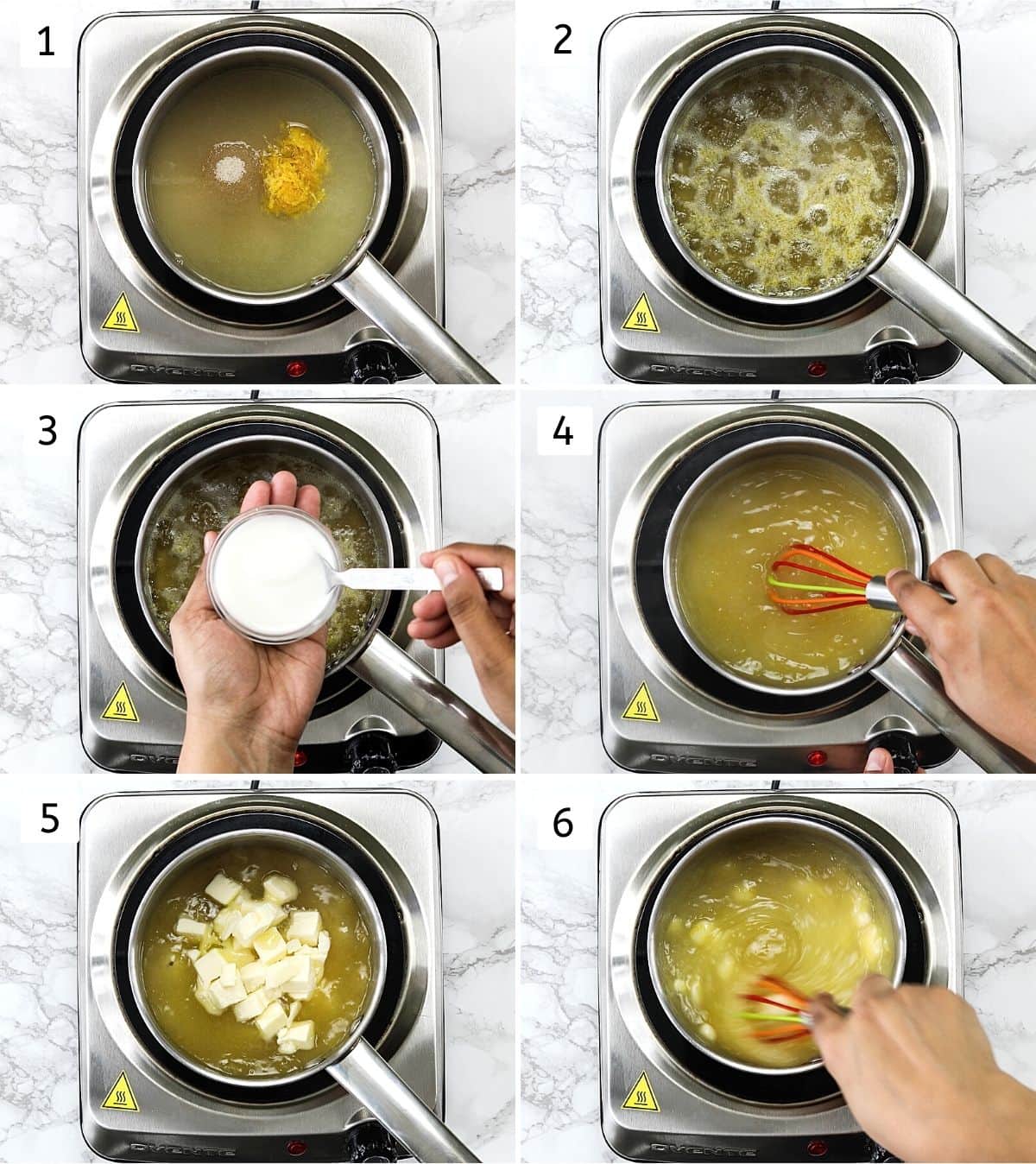 Collage of 6 steps showing making eggless lemon curd on the stovetop.