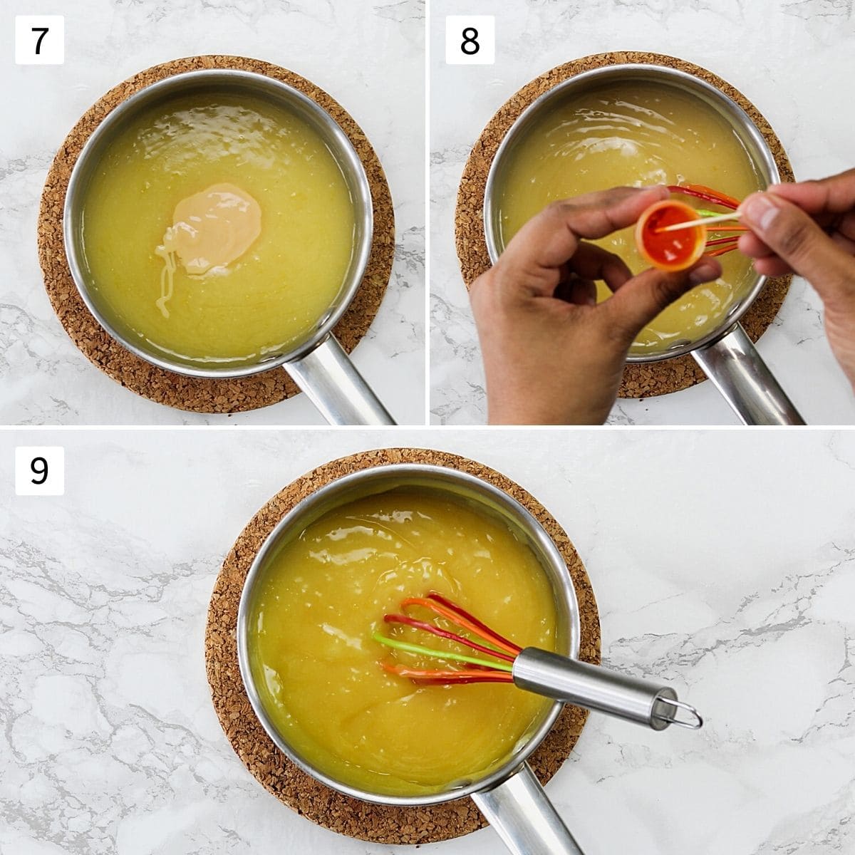 Collage of 3 steps showing adding condensed milk, yellow food color and whisking.