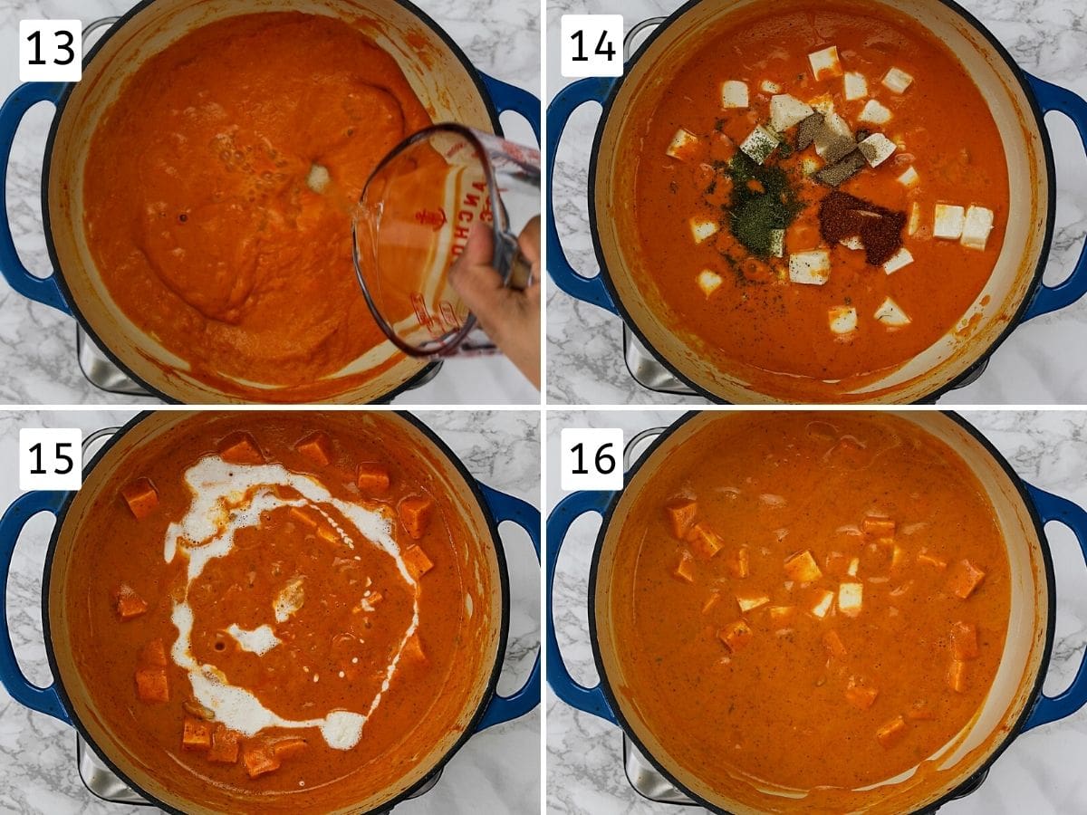 Collage of 4 steps showing adding water, paneer, spices, creamy and mixing into gravy.