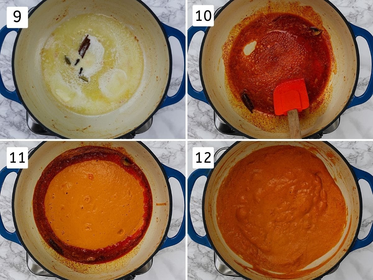 Collage of 4 steps showing tempering spices in butter and adding prepared puree.