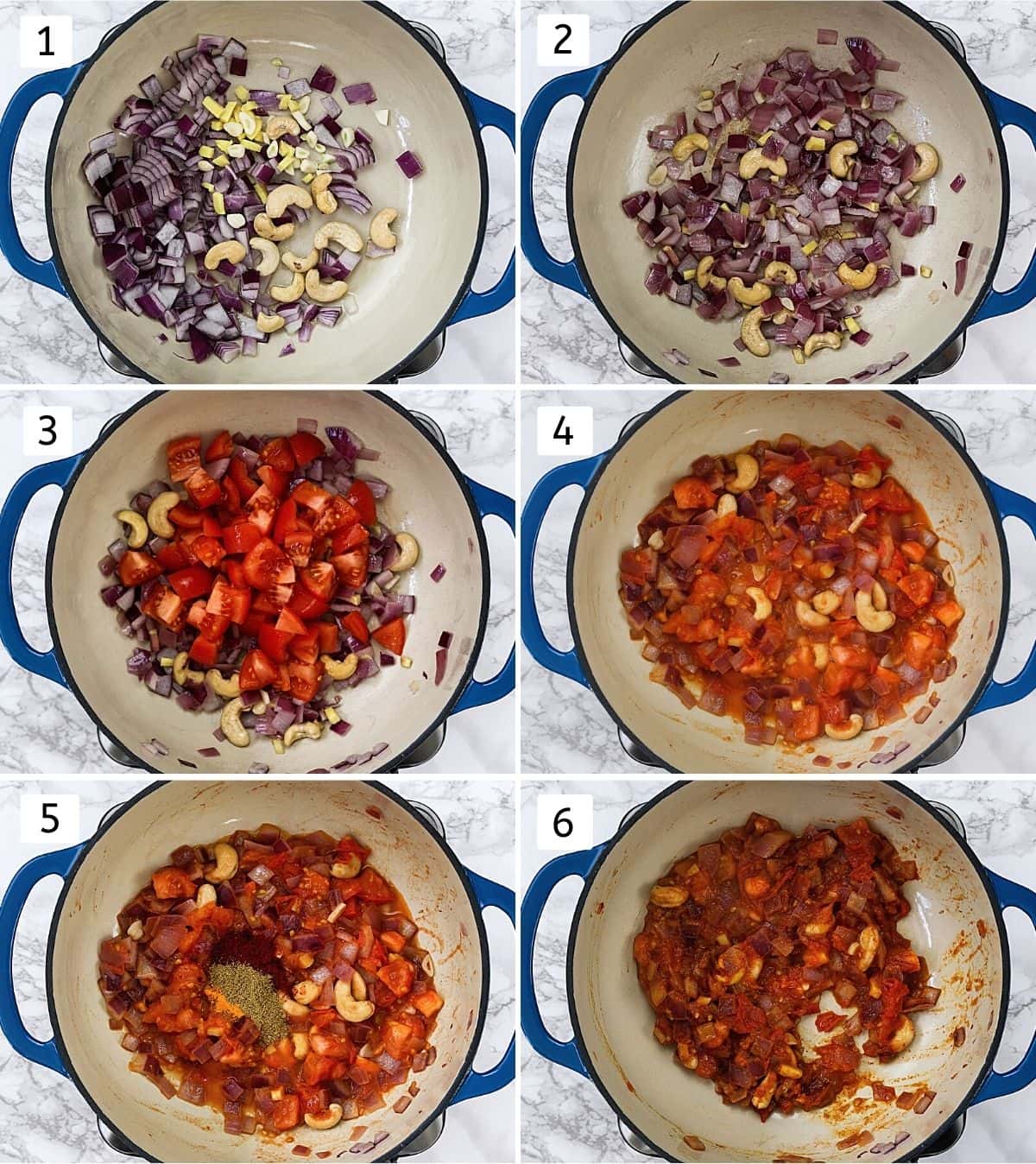 Collage of 6 steps showing cooking onion tomato cashews mixture with spices for gravy.