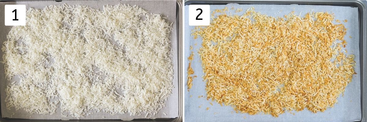 Collage of 2 steps showing coconut flakes on the cookie tray and toasted coconut.